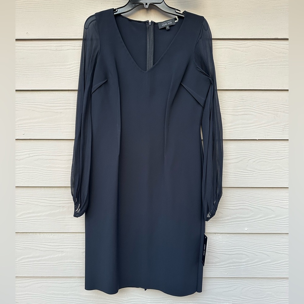 Rickie Freeman Teri Jon Dress Scuba Sheath Silk Sheer long Sleeve